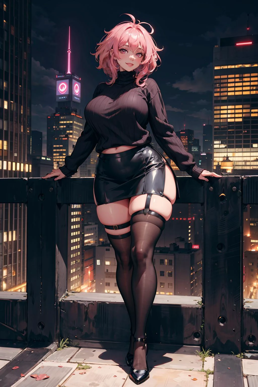 1girl, mature female, curvy, voluptuous, plump, pink hair, messy hair, pink eyes, black sweater, black skirt, long skirt, black thigh highs, thigh strap, city, day, full body, seductive smile, cruel smile, angled view, looking at viewer,