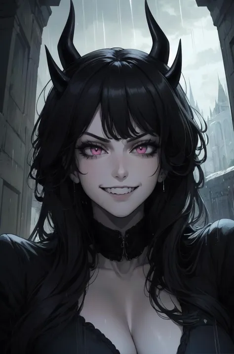 (outside, scary castle, raining, evening, soft light, dim lit, moody vibe, horror \(theme\), ), (insanely detailed, beautiful detailed face, masterpiece, best quality), 1girl, succubus, demon girl, mature female, (black hair), pink eyes, grin, smirk, demon horns, black tail, black demon wings,