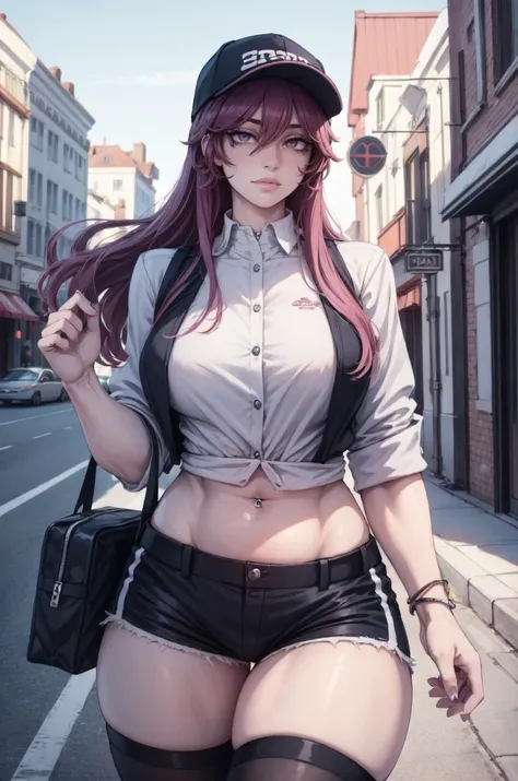 ((detailed eyes:1.2), detalied face, (dross), (solo:1.2), intricate details, ultra details, best quality, ultra quality, all focus),
(busy street, daytime),
1 girl, milf, mature female, older woman, black hair, purple eyes, pink baseball cap, navel_piercing, tattoos, arm tattoo, white thigh highs, white shirt, black shorts,