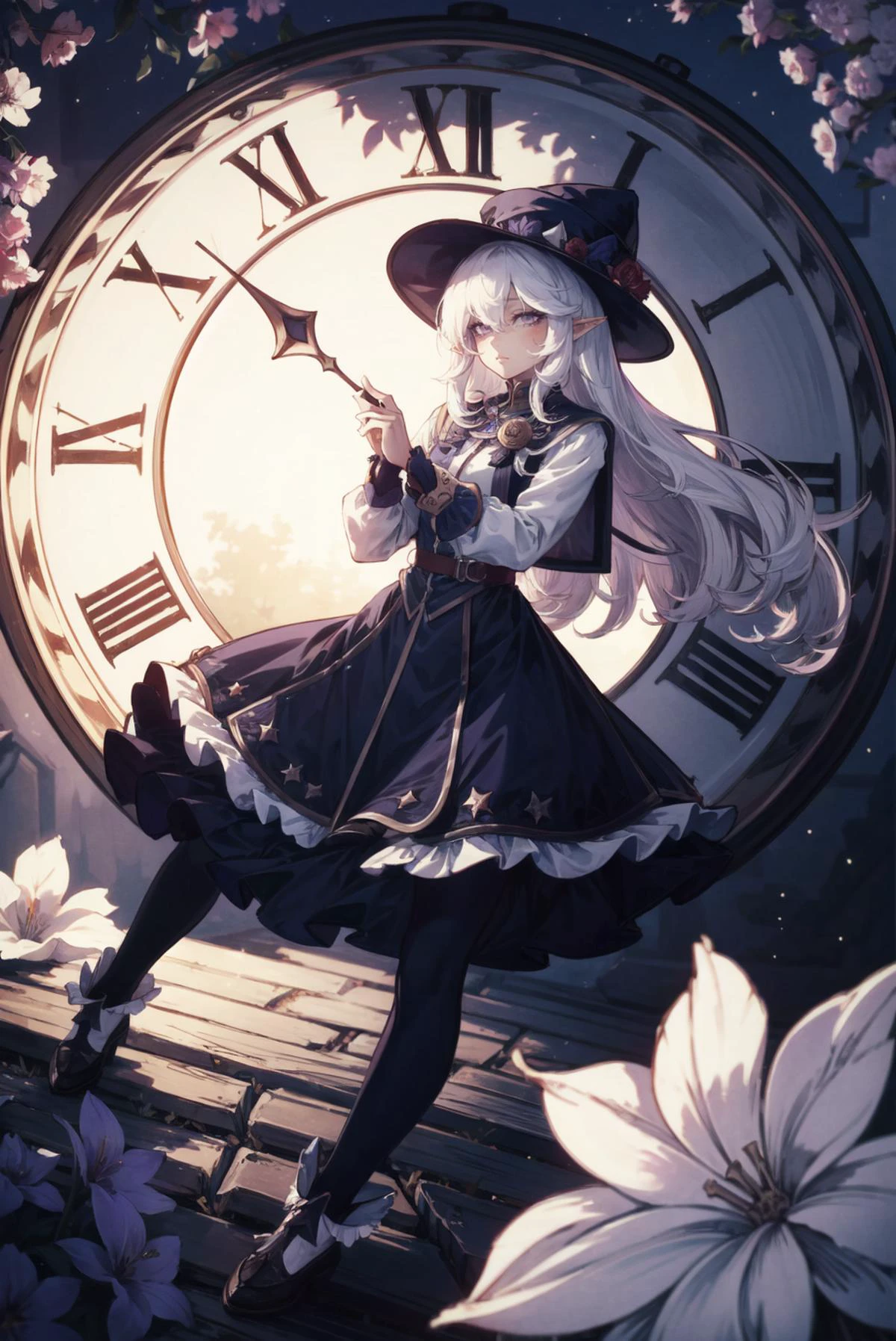 1girl,highres, high quality, masterpiece, purple eyes,tiny hat, long hair, white hair,dynamic angle,delicate eyes, (depth of field),dynamic pose, dynamic light, purple flowers, clock ,star \(sky\),pointy ears, floating hair,