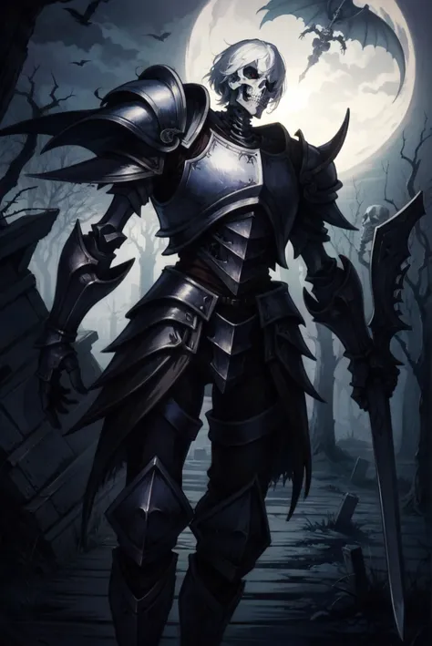 undead, skeleton knight, armor, sword, dark fantasy, spooky, ominous.