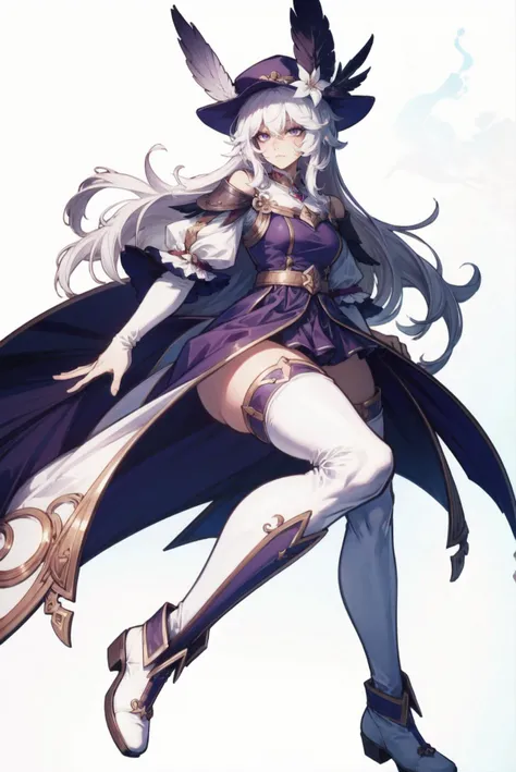 masterpiece, best quality,
1girl, uppper body, closed_mouth, long_hair, looking_at_viewer, solo,purple eyes, white_hair,breats, tiny hat, Rhea, white legwear, white boots, dynamic angle, white footwear,