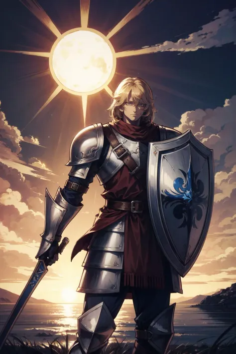 Solaire of Astora is a tall and muscular man with blond hair and blue eyes. He wears a distinctive armor set that consists of a chainmail hauberk with leather straps and metal plates, silver gauntlets and greaves, and a white tabard with his personal emblem: a stylized sun. He also carries a large shield that bears the same emblem, as well as a longsword that he wields with great skill. SolaireÃ¢â¬â¢s armor and shield reflect his devotion to the sun, which he considers to be the ultimate symbol of glory and magnificence.