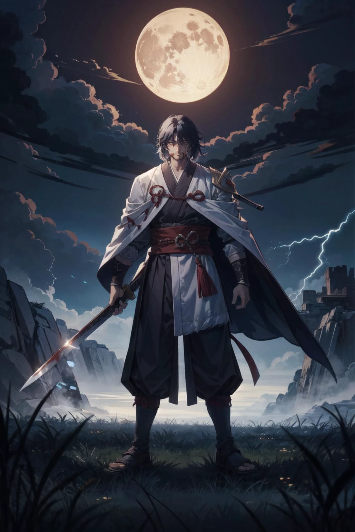 Isshin, the Sword Saint is a legendary warrior and the founder of the Ashina Clan. He is an old man with white hair and beard, wearing a blue kimono with black patterns and a white cloak. He carries a katana and a spear. He also has a gun hidden in his sleeve.
He awaits Sekiro in the great grass field where he first fought Genichiro Ashina, his grandson. The field is covered with blood and corpses of soldiers who died in the battle. The sky is dark and stormy, and lightning flashes occasionally. Isshin emerges from Genichiroâs body after he sacrifices himself to revive him using the Black Mortal Blade. He respects Sekiro as a worthy opponent and challenges him to a final duel for the fate of Ashina.
moon, dark theme, light, fantasy,