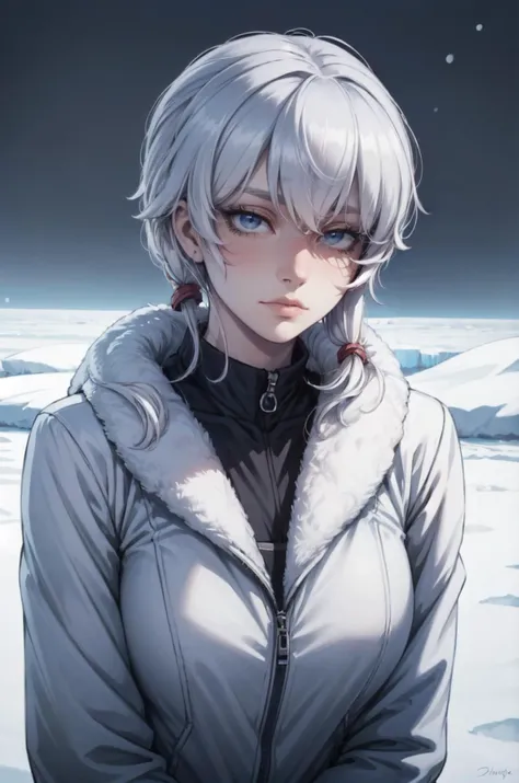 (outside, antartica, snow, evening, soft light, dim lit, moody vibe), (insanely detailed, beautiful detailed face, masterpiece, best quality), mature female, white hair, blue eyes, winter clothes,