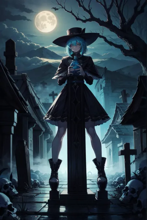 masterpiece, high quality, highres,
(1girl), (wearing black pointed hat), necromancer, evil smile, stand in front of graveyard, (cyan color sceme), ominious atmosphere, mist, night,moon, (surrounded by skulls),
bottle bottom,lampstand,pedestal,platform,