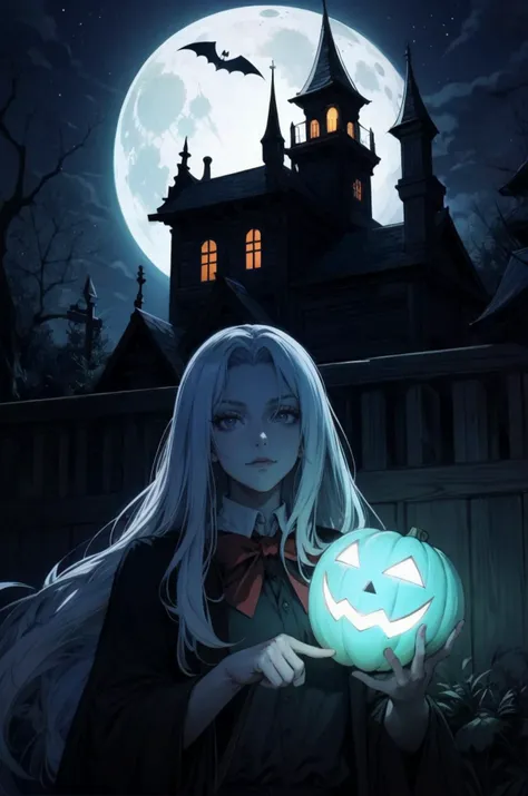 scary haunted house, cute ghosts, moon with a face, (night), Halloween, ghosts,