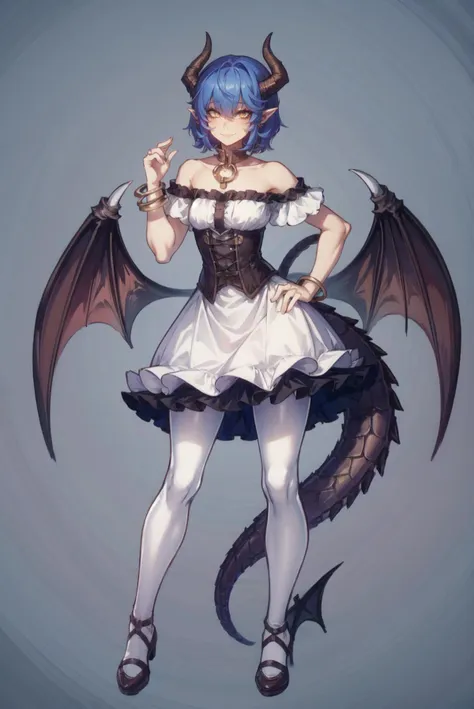 1girl, solo, horns, wings, blue hair, tail, pointy ears, dress, white pantyhose, pantyhose, dragon girl, simple background, orange eyes, hand on hip, demon girl, looking at viewer, short hair, dragon horns, full body, corset, jewelry, standing, dragon wings, yellow eyes, bare shoulders, dragon tail, bracelet, white dress, demon wings, shoes, smile, grey background, brown eyes, demon tail, demon horns