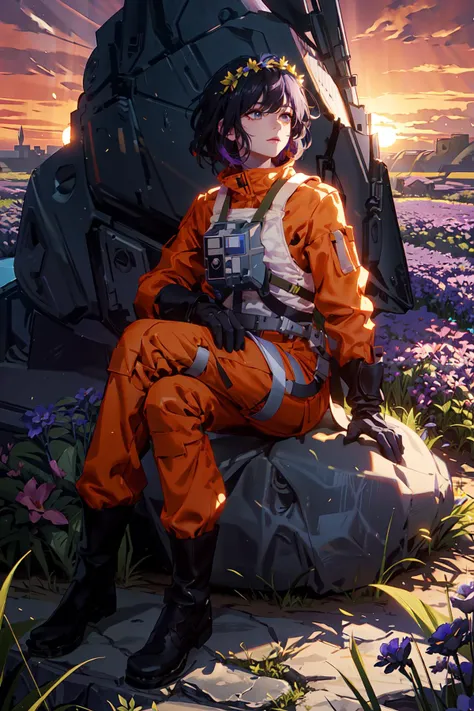 ((A sexy slutty milf sitting down on a big rock with a flower crown and wearing a orange rebel pilot suit, her hair is long black and messy, and her eyes are blue, her skin is also pale)), (tenderness), (beautiful), (sitting on the ground), (angled camera shot), (looking away), (smooth surface), (cinematic), (softer tone), (beautiful lighting), (beautiful shadows), (bokeh lighting), ((bloom)), (high quality), (masterpiece), (very good parallax), (shimmering), (post-processing effects), (flower field with blue and purple flowers, river nearby), (sunset:1.4),<lora:RPSV3:0.8>