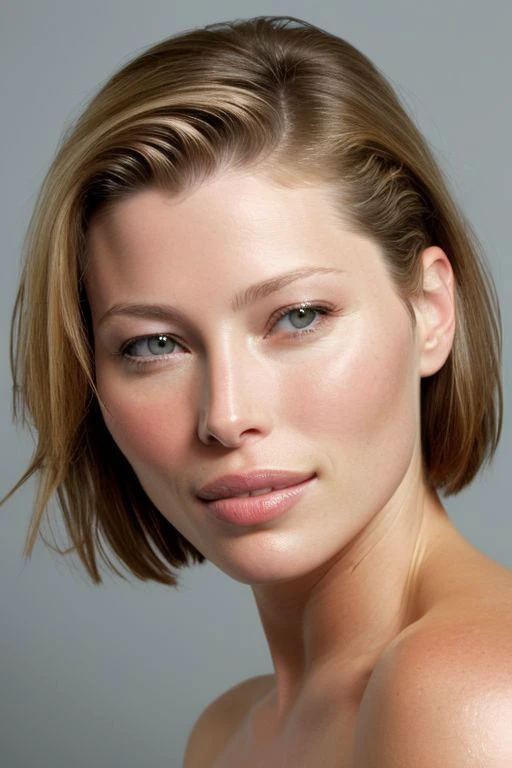 (CR-Jessic4Biel-jjonahjameson:0.9), face closeup photo of woman, (grey background:1.1), (undercut hair:1.0), (oiled shiny skin:1.0), (tilted angle shot:1.0),