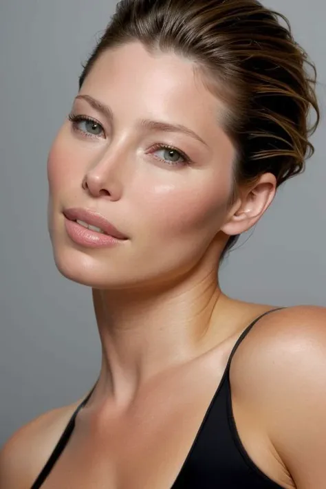 (CR-Jessic4Biel-jjonahjameson:0.9), face closeup photo of woman, (grey background:1.1), (undercut hair:1.0), (oiled shiny skin:1.0), (tilted angle shot:1.0),