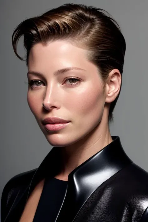 (CR-Jessic4Biel-jjonahjameson:0.9), face closeup photo of woman, grey background, (slick undercut hair:1.0), (oiled shiny skin:1.0), (tilted angle shot:1.0),