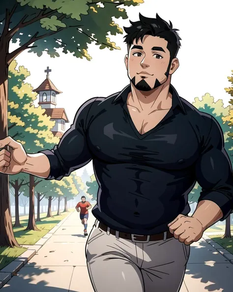 ((masterpiece), best quality, high quality, professional quality, highly detailed, highres, perfect lighting, natural lighting), (1boy, overweight, handsome, goatee, short hair, black hair), wearing fantasy clothing, running, outdoors