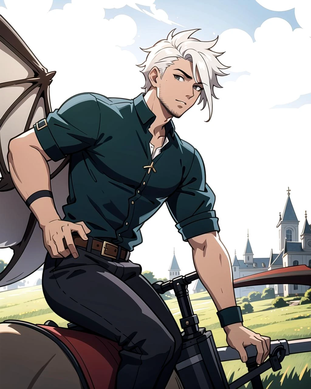 ((masterpiece), best quality, high quality, professional quality, highly detailed, highres, perfect lighting, natural lighting), (1boy, slender, handsome, no facial hair, short hair, white hair), wearing fantasy clothing, riding a dragon, in a fantasy town