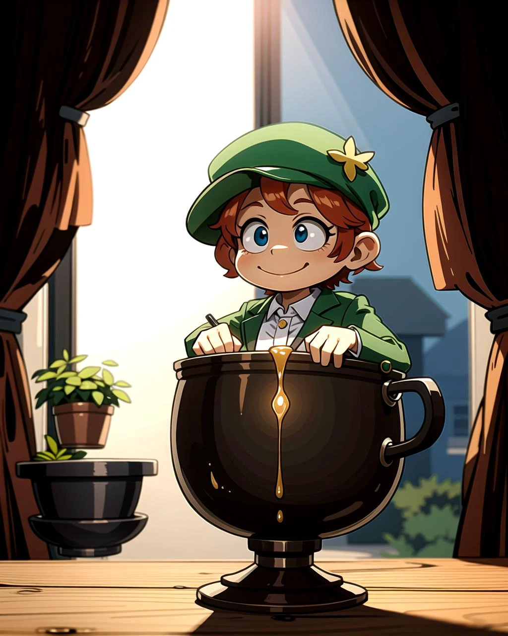 ((masterpiece), best quality, high quality, professional quality, highly detailed, highres, perfect lighting, natural lighting), leprechaun, hopping, on rainbow, holding pot of gold
