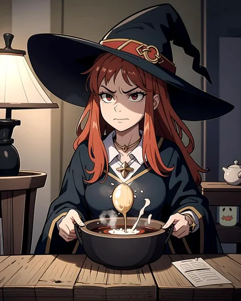 ((masterpiece), best quality, high quality, professional quality, highly detailed, highres, perfect lighting, natural lighting), majestic witch, wearing witches robes, cacklingfrowning}, brewing over a cauldron