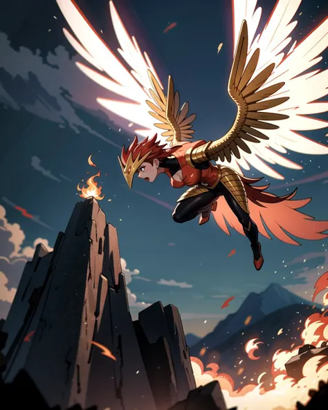 ((masterpiece), best quality, high quality, professional quality, highly detailed, highres, perfect lighting, natural lighting), phoenix, bursting into flames, taking flight from boulder