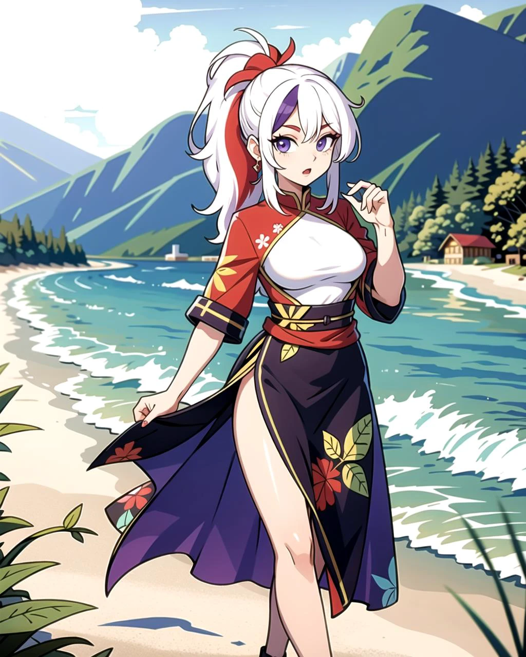 ((masterpiece), best quality, high quality, professional quality, highly detailed, highres, perfect lighting, natural lighting), (1girl, beautiful, medium breasts, (multicolored hair, purple hair,white hair,red hair, long hair, high ponytail), perfecteyes eyes), (wearing leaf print, extremelyBeautiful_beautifulclotheswild/Extremely beautiful clothes), on the beach, walking the boardwalk, <lyco:locon_perfecteyes_v1_from_v1_64_32:0.6>