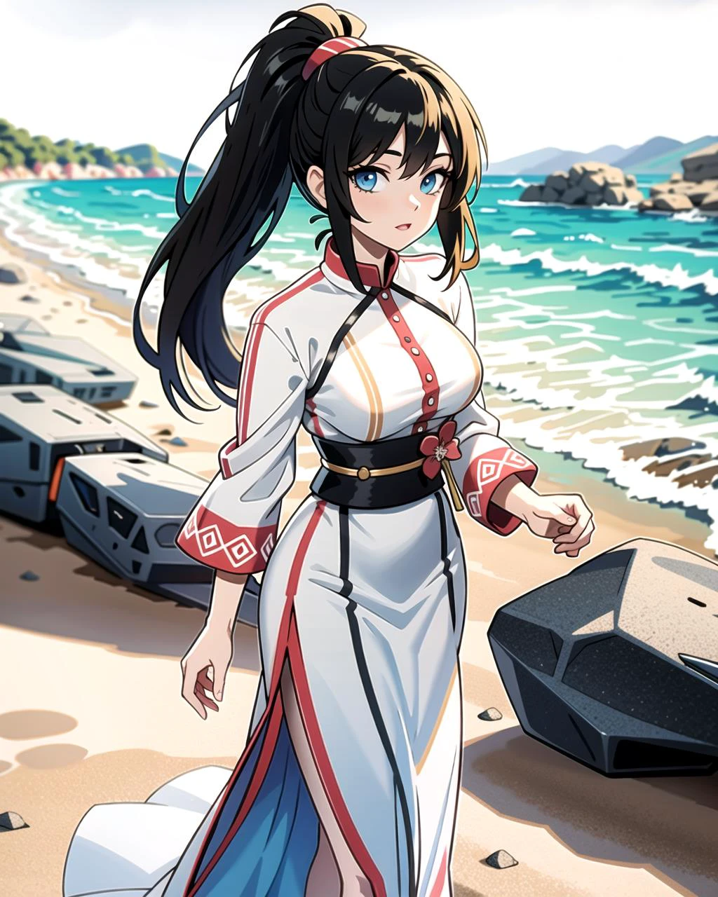 ((masterpiece), best quality, high quality, professional quality, highly detailed, highres, perfect lighting, natural lighting), (1girl, beautiful, medium breasts, (multicolored hair, black hair,blonde hair,white hair, long hair, high ponytail), perfecteyes eyes), (wearing stone texture print, extremelyBeautiful_beautifulclotheswild/Extremely beautiful clothes), on the beach, walking the boardwalk, <lyco:locon_perfecteyes_v1_from_v1_64_32:0.6>