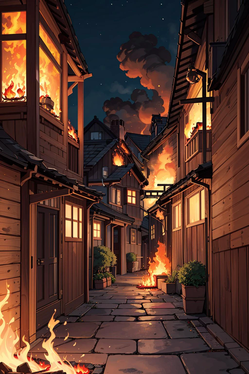 ((masterpiece)), (best quality), official art, extremely detailed CG, unity 8k wallpaper, ultra detailed, highly detailed, detailed background, vivid color,
european style alley, ocean, downhill, wooden house, colorful house, colorful wall, (fire on house:1.4), (burning:1.4), (flame:1.3), (fire:1.4), big fire,
cobblestone road, broad road, good outlook, long path, you can see far away,BREAK,
(1girl:1.4), standing, from behind, barefoot,
night, <lora:European style Alley:0.6>