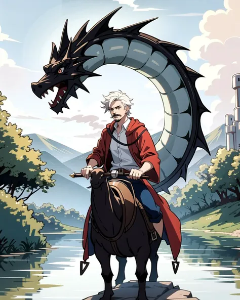 ((masterpiece), best quality, high quality, professional quality, highly detailed, highres, perfect lighting, natural lighting), (1boy, slender, handsome, mustache, short hair, white hair), wearing wizard robes, riding a dragon, by a lake