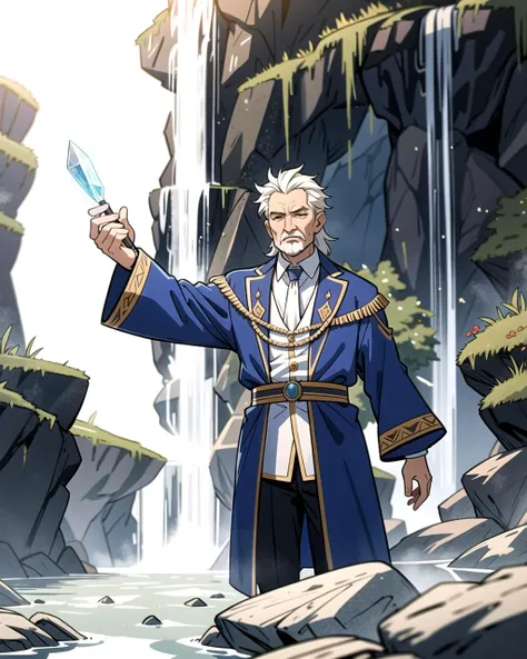 ((masterpiece), best quality, high quality, professional quality, highly detailed, highres, perfect lighting, natural lighting), old wizard, wearing elegant clothing, casting a ice spell, in front of waterfall