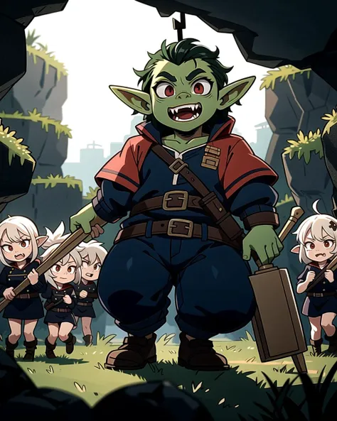 ((masterpiece), best quality, high quality, professional quality, highly detailed, highres, perfect lighting, natural lighting), goblin army, marching, dark cave, weapons drawn, ugly faces, long fangs, wearing ragged clothing, gross, disgusting