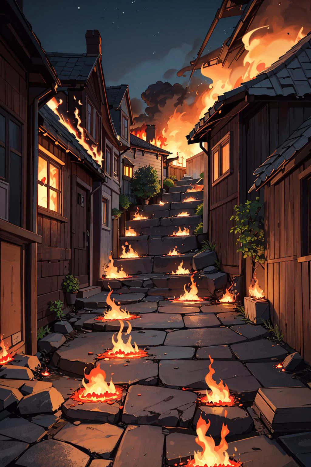 ((masterpiece)), (best quality), official art, extremely detailed CG, unity 8k wallpaper, ultra detailed, highly detailed, detailed background, vivid color,
european style alley, ocean, downhill, wooden house, colorful house, colorful wall, (fire on house:1.4), (burning:1.4), (flame:1.3), (fire:1.4), big fire,
cobblestone road, broad road, good outlook, long path, you can see far away,BREAK,
(1girl:1.4), standing, from behind, barefoot,
night, <lora:European style Alley:0.6>