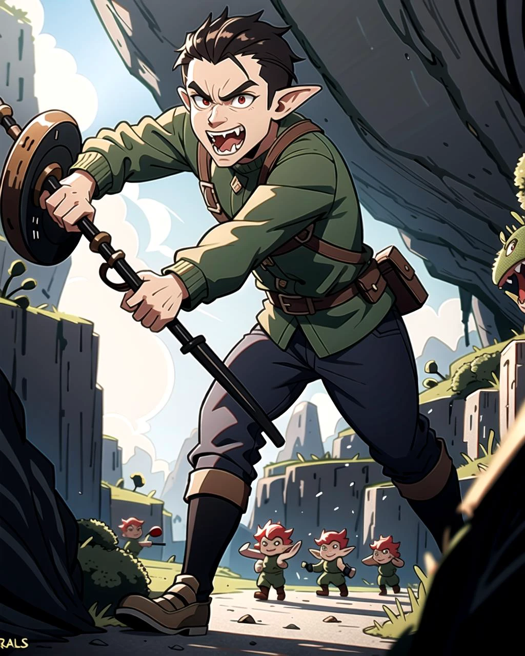 ((masterpiece), best quality, high quality, professional quality, highly detailed, highres, perfect lighting, natural lighting), goblin army, marching, dark cave, weapons drawn, ugly faces, long fangs, wearing ragged clothing, gross, disgusting