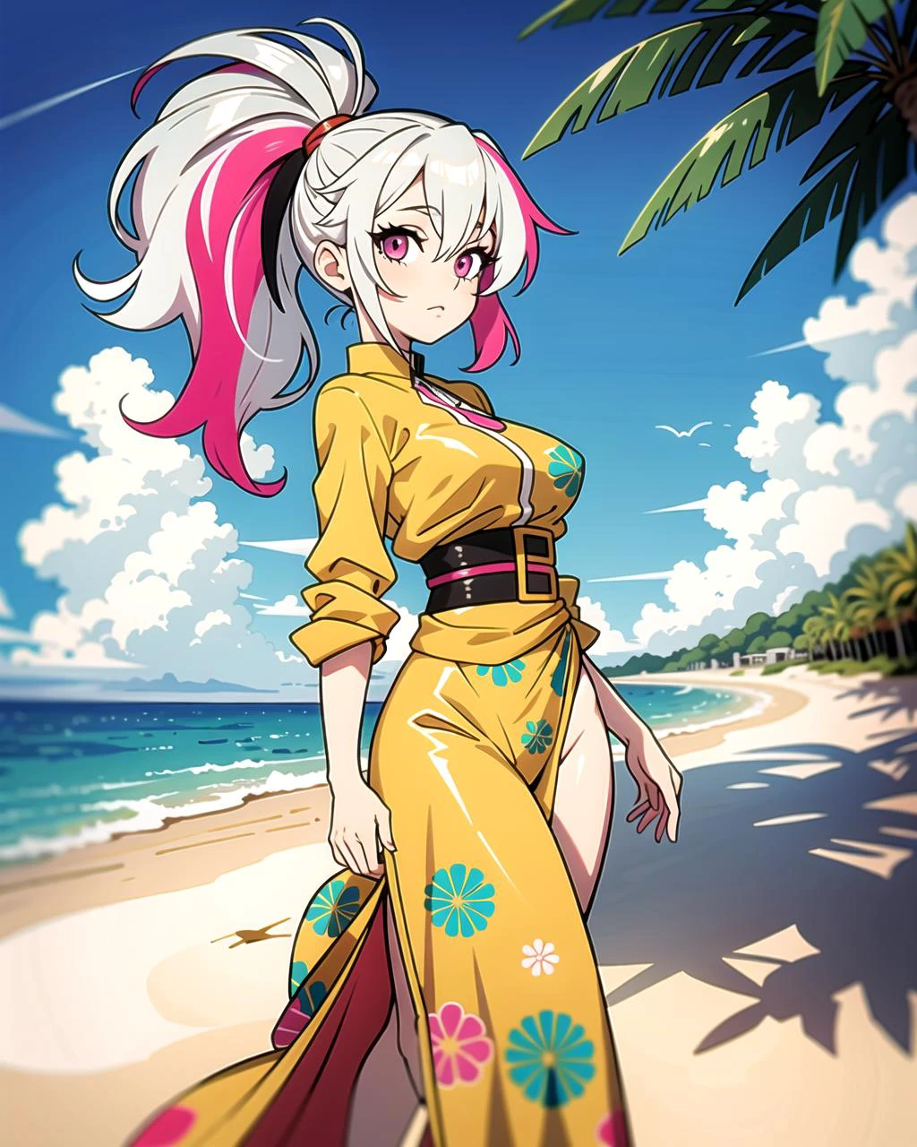 ((masterpiece), best quality, high quality, professional quality, highly detailed, highres, perfect lighting, natural lighting), (1girl, beautiful, medium breasts, (multicolored hair, silver hair,green hair,pink hair, long hair, high ponytail), perfecteyes eyes), (wearing giraffe print, extremelyBeautiful_beautifulclotheswild/Extremely beautiful clothes), on the beach, walking the boardwalk, <lyco:locon_perfecteyes_v1_from_v1_64_32:0.6>