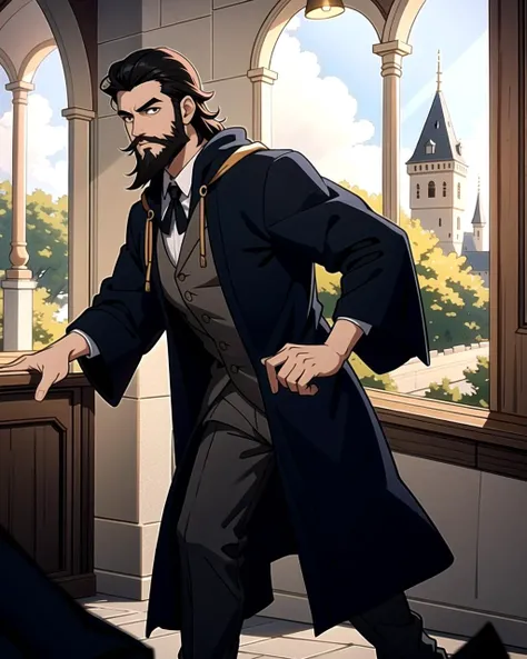 ((masterpiece), best quality, high quality, professional quality, highly detailed, highres, perfect lighting, natural lighting), (1boy, slender, handsome, long beard, short hair, black hair), wearing wizard robes, running, in a castle