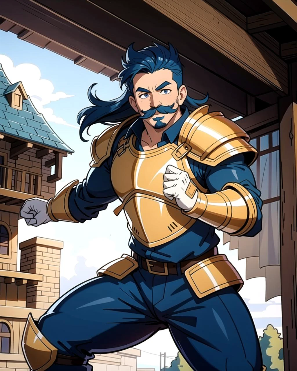 ((masterpiece), best quality, high quality, professional quality, highly detailed, highres, perfect lighting, natural lighting), (1boy, overweight, handsome, mustache, medium length hair, blue hair), wearing armor, fighting, in a fantasy town