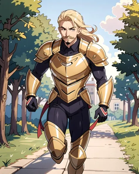 ((masterpiece), best quality, high quality, professional quality, highly detailed, highres, perfect lighting, natural lighting), (1boy, slender, handsome, mustache, medium length hair, blonde hair), wearing armor, running, outdoors