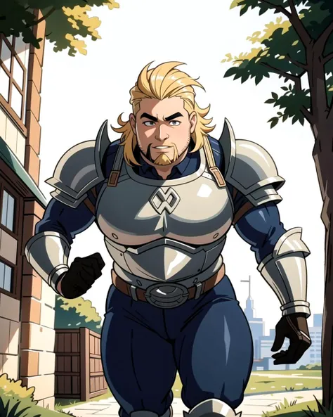 ((masterpiece), best quality, high quality, professional quality, highly detailed, highres, perfect lighting, natural lighting), (1boy, overweight, handsome, goatee, medium length hair, blonde hair), wearing armor, running, outdoors