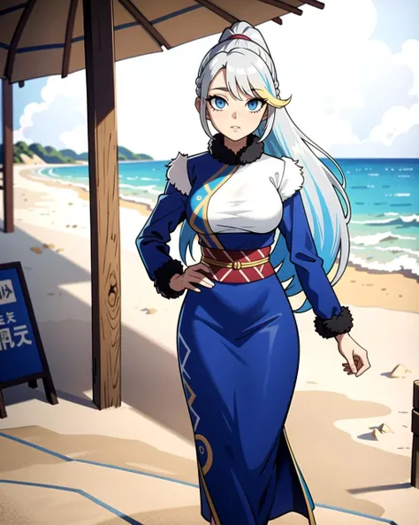 ((masterpiece), best quality, high quality, professional quality, highly detailed, highres, perfect lighting, natural lighting), (1girl, beautiful, medium breasts, (multicolored hair, silver hair,blue hair,blonde hair, long hair, high ponytail), perfecteyes eyes), (wearing fur texture print, extremelyBeautiful_beautifulclotheswild/Extremely beautiful clothes), on the beach, walking the boardwalk, <lyco:locon_perfecteyes_v1_from_v1_64_32:0.6>