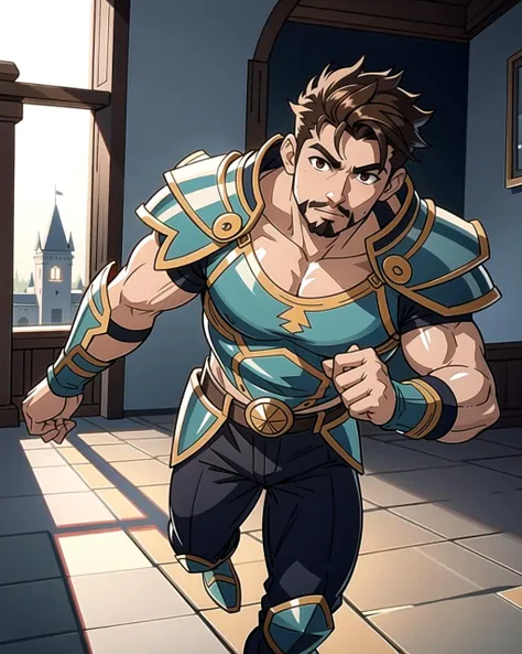 ((masterpiece), best quality, high quality, professional quality, highly detailed, highres, perfect lighting, natural lighting), (1boy, muscular, handsome, goatee, short hair, brown hair), wearing armor, running, in a castle