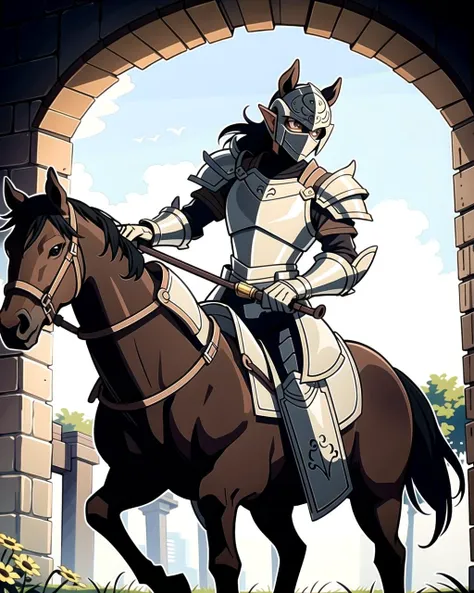 ((masterpiece), best quality, high quality, professional quality, highly detailed, highres, perfect lighting, natural lighting), knight, wearing armor, holding weapon, horseback, stallion, battle against goblins