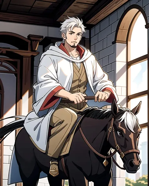 ((masterpiece), best quality, high quality, professional quality, highly detailed, highres, perfect lighting, natural lighting), (1boy, slender, handsome, goatee, short hair, white hair), wearing wizard robes, riding a horse, in a castle
