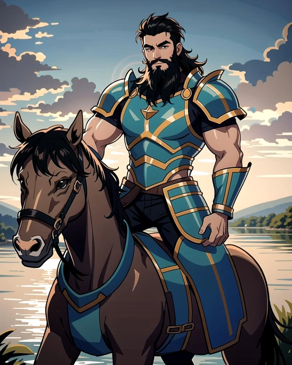((masterpiece), best quality, high quality, professional quality, highly detailed, highres, perfect lighting, natural lighting), (1boy, muscular, handsome, long beard, short hair, black hair), wearing armor, riding a horse, by a lake