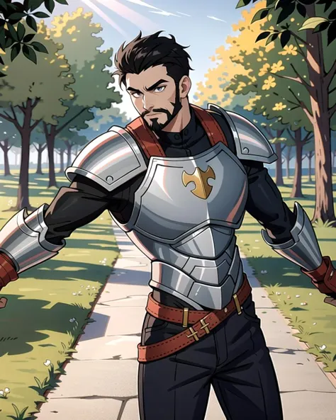 ((masterpiece), best quality, high quality, professional quality, highly detailed, highres, perfect lighting, natural lighting), (1boy, slender, handsome, facial hair, short hair, black hair), wearing armor, fighting, outdoors