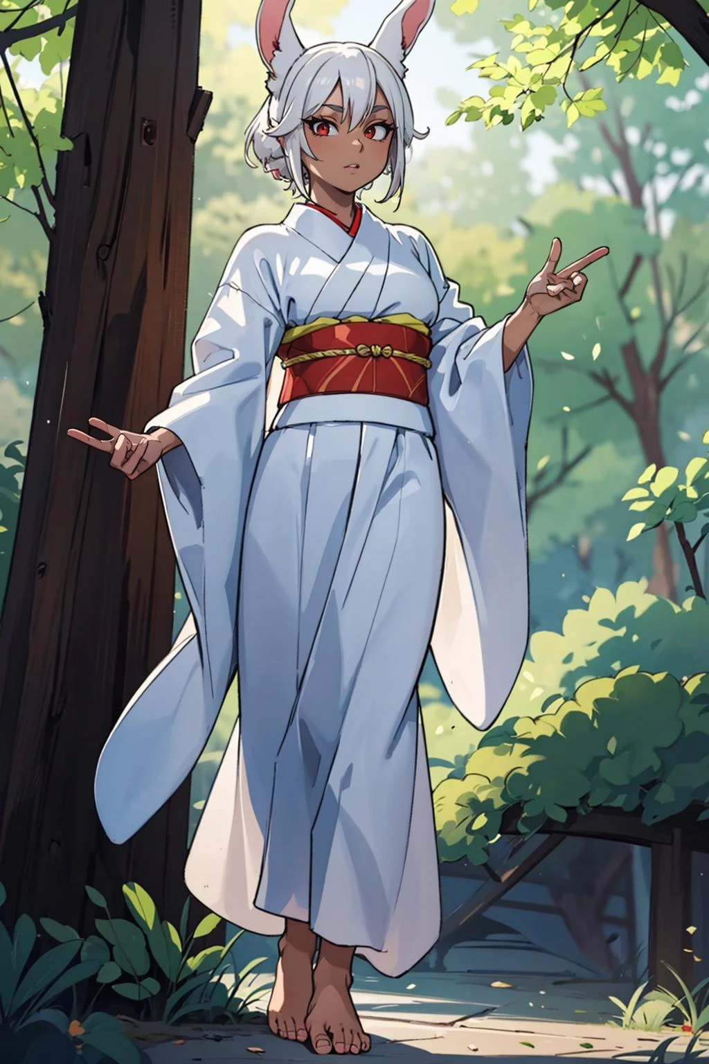 ((masterpiece)), (best quality), official art, extremely detailed CG, unity 8k wallpaper, ultra detailed, highly detailed, detailed background, vivid color, photorealistic, perfect lighting, best illumination,
1 girl, mirko mha,
rabbit ears,rabbit girl,abs, muscular female,red eyes, dark-skinned female,dark skin,animal ears,white hair,BREAK,
white kimono,
japanese clothes, long sleeves, cinematic lighting, beautiful eyes, perfect face, cute,
dynamic pose, outdoors, forest, lake, from below, (barefoot:1.3),
<lora:new_hefu_:0.6>,<lora:mirko:0.8>
