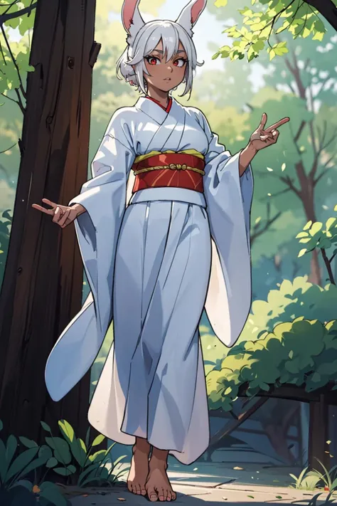 ((masterpiece)), (best quality), official art, extremely detailed CG, unity 8k wallpaper, ultra detailed, highly detailed, detailed background, vivid color, photorealistic, perfect lighting, best illumination,
1 girl, mirko mha,
rabbit ears,rabbit girl,abs, muscular female,red eyes, dark-skinned female,dark skin,animal ears,white hair,BREAK,
white kimono,
japanese clothes, long sleeves, cinematic lighting, beautiful eyes, perfect face, cute,
dynamic pose, outdoors, forest, lake, from below, (barefoot:1.3),
<lora:new_hefu_:0.6>,<lora:mirko:0.8>