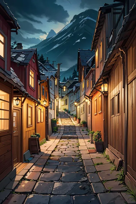 ((masterpiece)), (best quality), official art, extremely detailed CG, unity 8k wallpaper, ultra detailed, highly detailed, detailed background, vivid color, photorealistic, perfect lighting, best illumination, 
european style alley,  mountain, downhill, wooden house, colorful houses, colorful wall, cobblestone road, broad road, good outlook, fishy village, 
night, <lora:European style Alley:0.8>