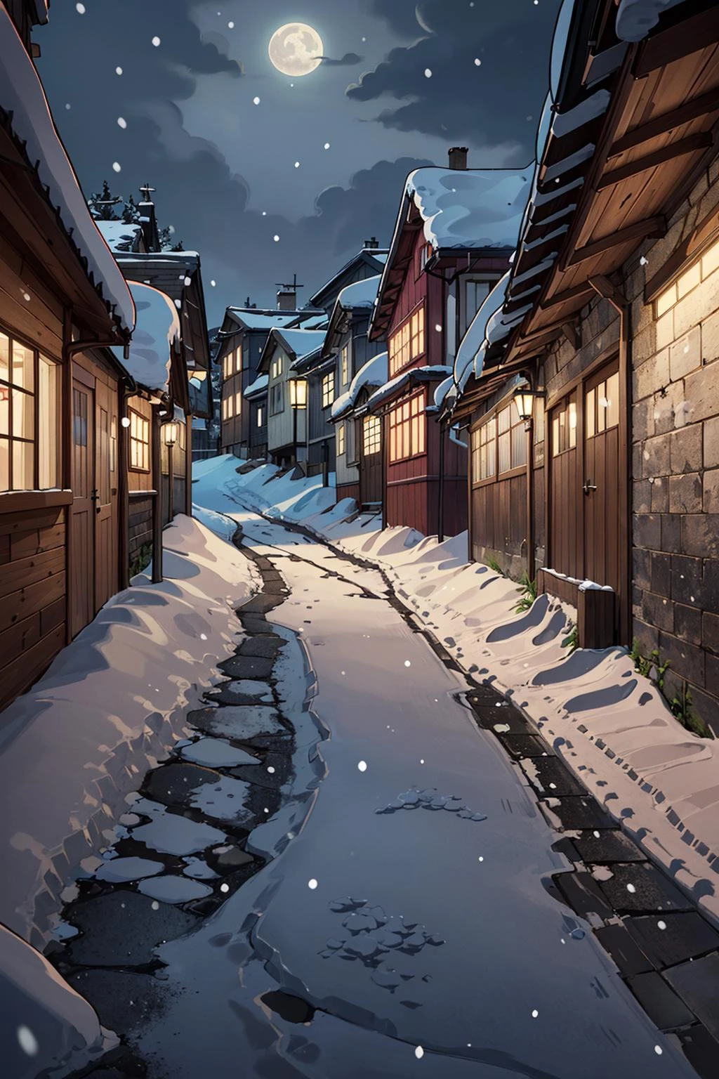 ((masterpiece)), (best quality), official art, extremely detailed CG, unity 8k wallpaper, ultra detailed, highly detailed, detailed background, vivid color,
european style alley, ocean, downhill, wooden house, colorful house, colorful wall, (snow:1.4), snowing, snow piled up, cobblestone road, broad road, good outlook, long path, you can see far away,BREAK,
(1girl:2.0), standing, barefoot,
night, moon, <lora:European style Alley:0.7>