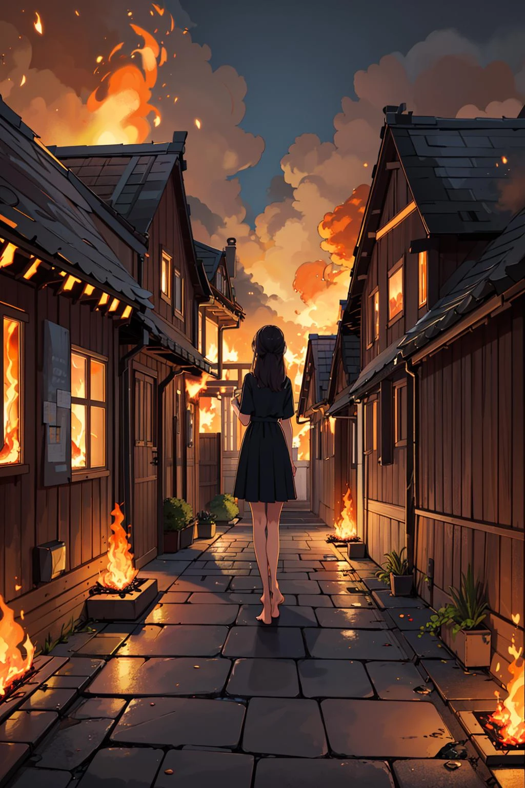 ((masterpiece)), (best quality), official art, extremely detailed CG, unity 8k wallpaper, ultra detailed, highly detailed, detailed background, vivid color,
european style alley, lake, downhill, wooden house, colorful house, colorful wall, (fire on house:1.4), (burning:1.4), (flame:1.3), (fire:1.4), big fire,
cobblestone road, broad road, good outlook, long path, you can see far away,BREAK,
(1girl:1.6), standing, from behind, barefoot,
night, <lora:European style Alley:0.6>