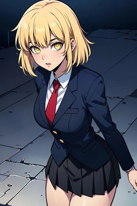 ((masterpiece)), (best quality), official art, extremely detailed CG, unity 8k wallpaper, ultra detailed, 
1girl, blonde hair,  yellow eyes, glowing eyes, medium breasts, black eyeliner,   
school uniform, blazer, navy jacket, red tie, white shirt, navy skirt, miniskirt, pleated skirt, 
outdoors, 
<lora:cha hae-in:0.6>