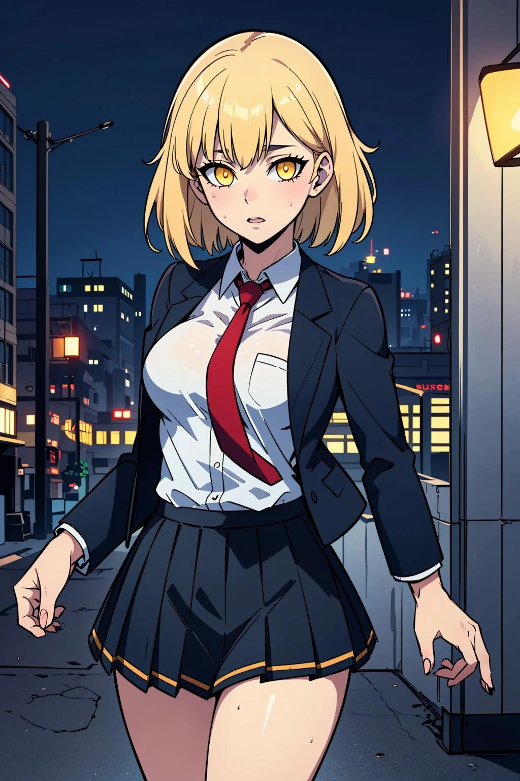 ((masterpiece)), (best quality), official art, extremely detailed CG, unity 8k wallpaper, ultra detailed,
1girl, blonde hair, yellow eyes, glowing eyes, medium breasts, black eyeliner,
school uniform, blazer, navy jacket, red tie, white shirt, navy skirt, miniskirt, pleated skirt,
outdoors,
<lora:cha hae-in:0.6>