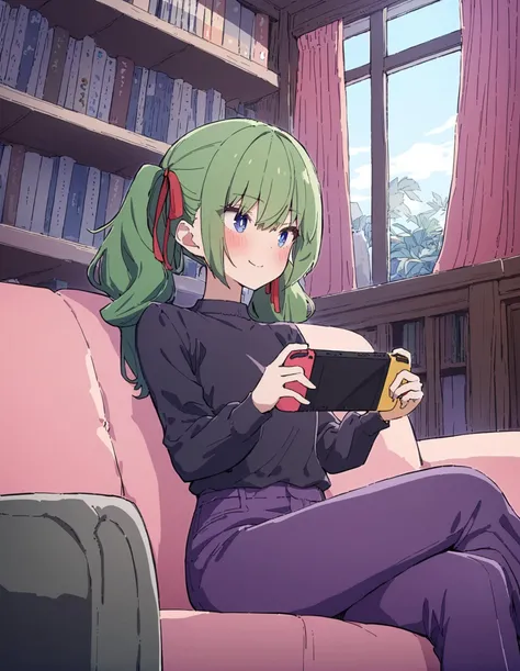 1girl,
kagawa yuusaku,
pants, purple pants, sitting, bookshelf, black shirt, ribbon, short hair, sweater, pink sweater, couch, crossed legs, hair ribbon, window, purple shirt, crossover, long sleeves, blue eyes, handheld game console, holding, smile, holding handheld game console, green hair, blush, nintendo switch, shirt, indoors, long hair, looking at another, red ribbon, brown hair, closed mouth, curtains, twintails,
masterpiece, best quality, newest
<lora:kagawa_yuusaku_image239_2024-03-28_a31-000018:1>