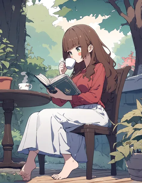 1girl, 
kagawa yuusaku, 
cup, black legwear, plant, blush, red shirt, solo focus, leaf, socks, coffee, holding, drinking, sitting, breasts, white skirt, blush stickers, barefoot, green eyes, long sleeves, tree, long skirt, long hair, outdoors, shirt, open book, medium breasts, reading, table, blunt bangs, holding book, book, skirt, brown hair, signature, toes, full body, wooden table, no shoes, potted plant, 
masterpiece, best quality, newest
 <lora:kagawa_yuusaku_image239_2024-03-28_a31-000018:1>