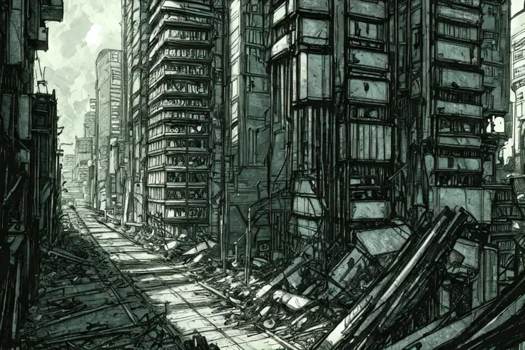 semi realistic, cityscape, perspective, towers, multiple building, (alleyway), power lines, night, (extremely detailed wallpaper:1.3)
BREAK
nihei tsutomu, Blame!, scenery, (geometric cityscape, ruined cityscape), inside, rubble, apartment complex, abandoned city, (symmetric, cyberpunk), smoke, dust, detailed, illustration, digital painting, (no people, no humans), <lora:tsutomuNiheiStyle_v10:0.7>,  <lora:ravnikaSprawlingFantasy_ravnika:0.5>